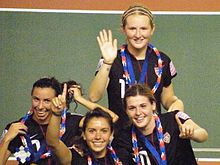 Mewis (top) celebrating the 2012 FIFA U20 Women's World Cup win with Vanessa DiBernardo, Mollie Pathman and Kelly Cobb Mewis, DiBernardo Pathman Cobb celebrating FIFA U-20 Women's World Cup 2012 Awards Ceremony 08 (cropped).JPG