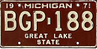 Michigan 1971 license plate - Number BGP-188.jpg