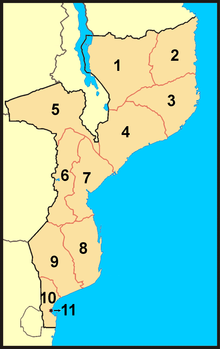 Mapa de Moçambique com as províncias numeradas