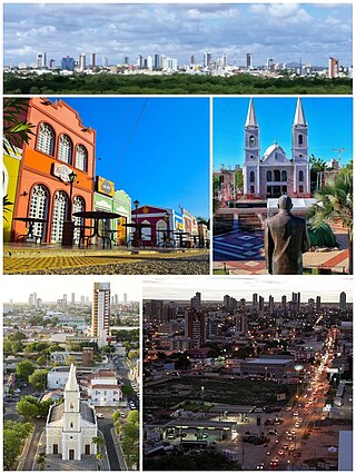 Skyline da cidade, Centro histórico, Praça Vigário Antônio Joaquim (marco zero da cidade), com a estátua de Dix-Sept Rosado e, ao fundo, a Catedral de Santa Luzia, Igreja de São Vicente e vista aérea da cidade a noite.