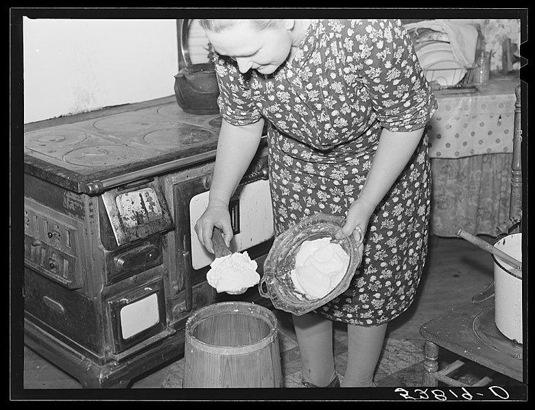 File:Mrs. Elvin Wilkins (Rosa) churning butter in the kitchen of their home in Tallyho, near Stem, Granville County, North Carolina. See subregional notes (Odum) November 16, 1939 (LOC).jpg