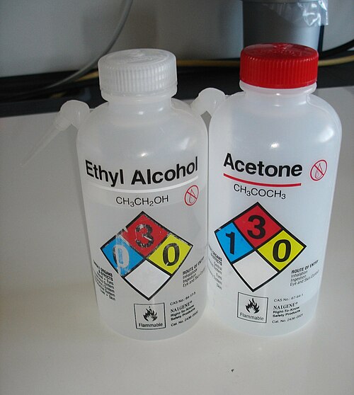 NFPA 704-aanduiding op een fles ethanol en aceton. De aanduiding van ethanol is verouderd; de gezondheidswaarde wordt nu met 2 aangeduid.