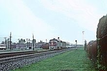 The D&H / NJR Laurentian on CPR rails at Westmount, Quebec in September 1968 Napierville Junction Railway Train 35, The Laurentian led by D&H PA1 18 slowing for Westmount, Que. on September 1, 1968 (26024942694).jpg