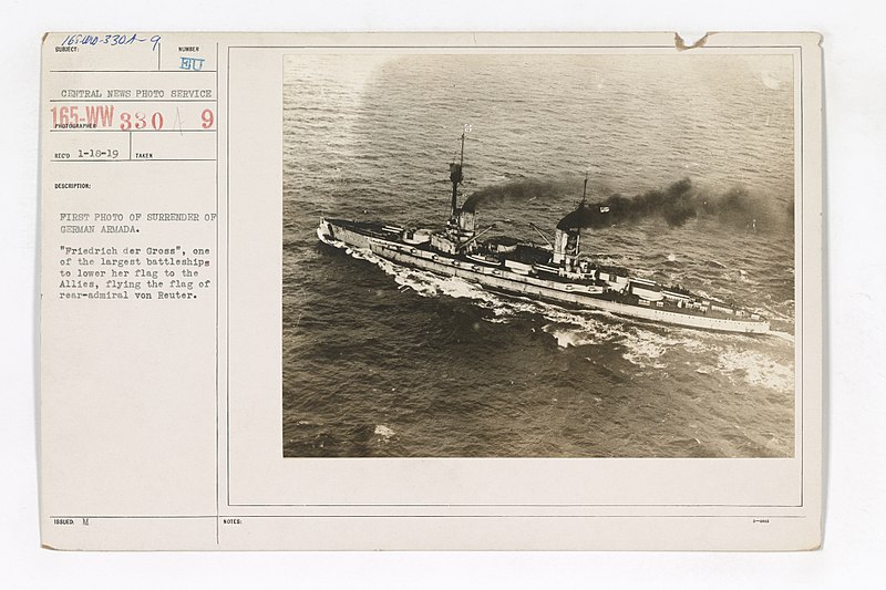 File:Navy - Naval Operations - Surrender of the German Fleet - Individual Ships - First photo of surrender of German Armada. "Friedrich der Gross," one of the largest battleships to lower her flag to the Allies, flyin(...) - NARA - 45511674.jpg