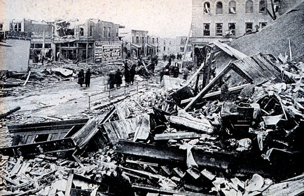 View of the east side of the 24th & Lake Streets in North Omaha after the 1913 tornado. More than 50 people died at this intersection.