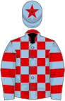 Red and light blue check, light blue and red hooped sleeves, light blue cap, red star