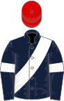 Dark blue, white sash and armlets, red cap