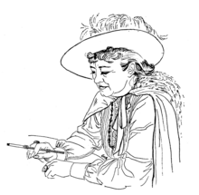 A 1963 drawing of Pauline Pribbenaw as Rough House Rosie. She sings about the bird in the gilded cage. Pauline Pribbenaw as Rough House Rosie in The Days of '98 Show 1963 drawing.png