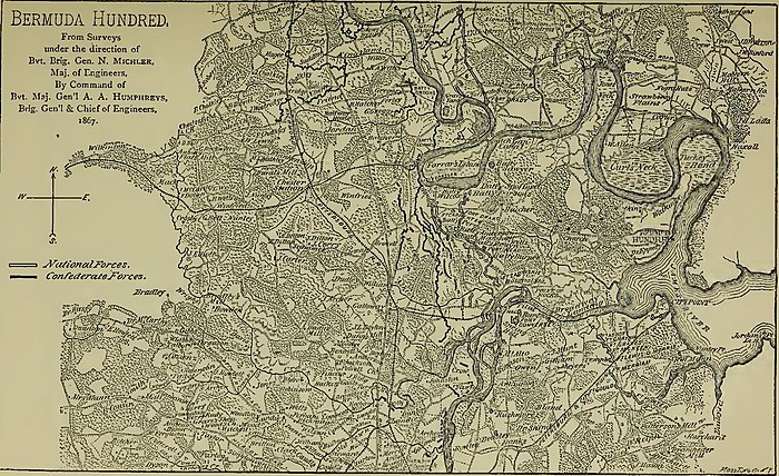 A map of the Bermuda Hundred, showing a complex engagement of Confederate forces to the west and National forces to the east, fighting west of the rivers that converge at Bermuda Hundred