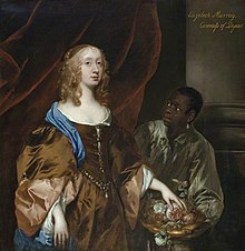 A richly attired young woman standing in front of a curtain, from which a black boy is emerging, offering her a platter of fruit.