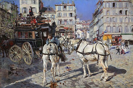 84 Buses on the Pigalle place in Paris (Place Pigalle with two white horses) label QS:Lit,"Omnibus in place pigalle a Parigi (Place Pigalle con due cavalli bianchi)" label QS:Len,"Buses on the Pigalle place in Paris (Place Pigalle with two white horses)" 1882