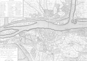 Plan of Mainz with Favorite Palace laying right next to the city on the banks of the river Rhine (1736) Plan de Mayence de ses nouvelles fortifications et de ses environs - 1736.jpg