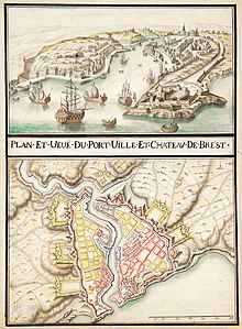 Plan et vue du port ville et château de Brest ca 1700.