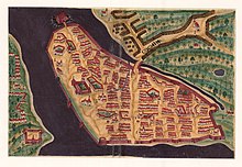 Map of Kochi in the 1635 Livro das Plantas de Todas as Fortalezas, a catalogue of Portuguese forts in India Planta de cochim bocarro 1635.jpg