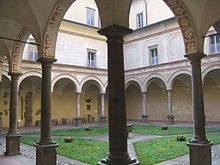 The cloister of the abbey of Pontida. The monastic complex, which is dedicated to James the Great, is the place where, according to tradition, the oath of Pontida would have been celebrated Pontida monastero benedettino 01.jpg