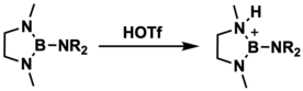 Formation of a borenium ion by protonation of an aminoborane Protic attack mech.png