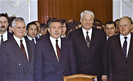 Nazarbayev (second from left) at the signing of the Alma-Ata Protocol, December 1991.