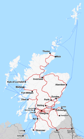 Map of the principal railway lines of Scotland; First ScotRail's former services are indicated in red. Rail map scotland 2014.png