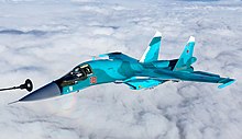 A Russian Air Force Sukhoi Su-34 takes on fuel through a Probe-and-drogue system Refuelling a Sukhoi Su-34 (cropped).jpg