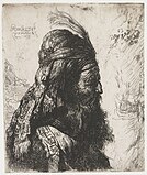 After Jan Lievens. The Third Oriental Head label QS:Len,"The Third Oriental Head" label QS:Lnl,"De derde oosterse kop" . 1635. etching print. 15.4 × 13 cm (6 × 5.1 in). Various collections.