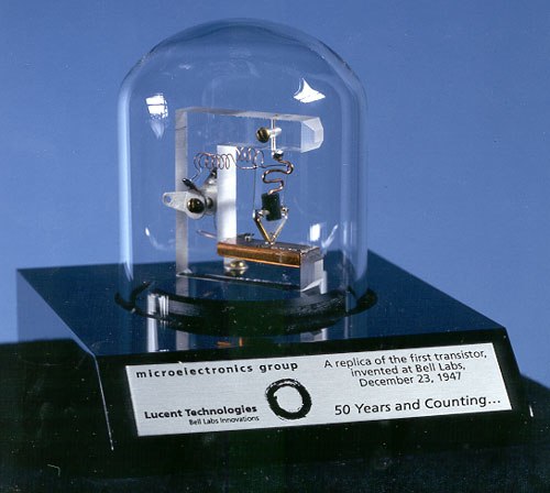 A replica of the first working transistor, a point-contact transistor invented in 1947