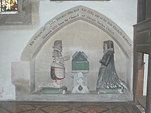 Monument to John Dormer (died 1581) and his wife Elizabeth, originally erected in St. Mary the Virgin, Steeple Barton but brought to Rousham and installed in the chancel here in 1851 Rousham SSLeonard&James JohnDormer Monument.JPG