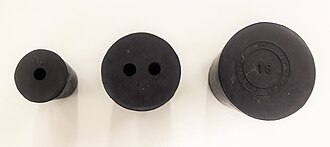 (From left to right) One-hole Rubber bung size 10, Two-hole Rubber bung size 14, and Solid Rubber bung size 16 Rubber stopper holes.jpg