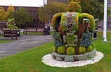 A special crown-shaped topiary created to commemorate the Queen's Sapphire Jubilee at Romford, England, 2017