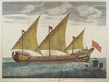 Engraving of a galleass from Plan de Plusieurs Batiments de Mer avec leurs Proportions (c. 1690) by Henri Sbonski de Passebon. Engraving by Claude Randon. Sbonski de Passabon-Galeasse a la voile.jpg