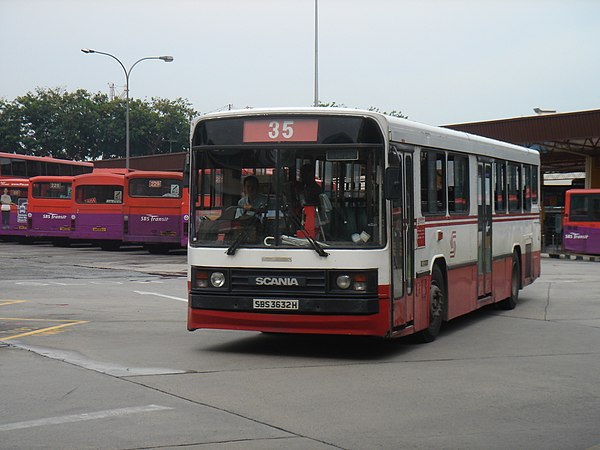 A 1989 Scania N113CRB still bearing the original SBS livery at Bedok Bus Interchange.