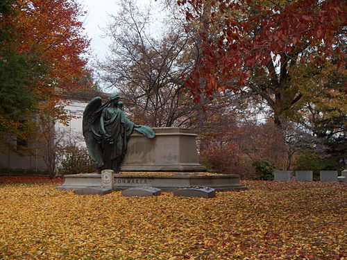 Schoonmaker monument (about 1927) with autumn leaves, Homewood Cemetery, Pittsburgh