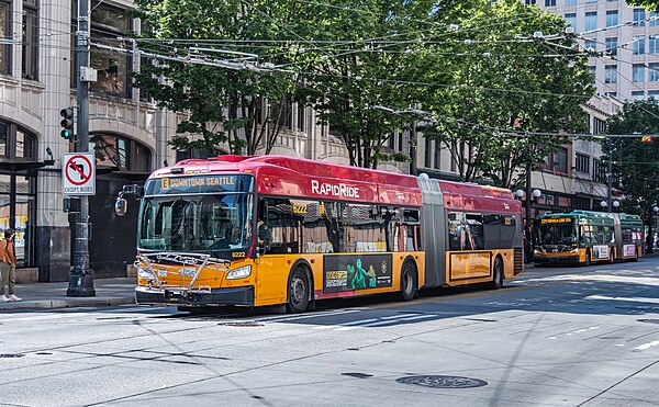 RapidRide E Line bus on 3rd Avenue in Downtown Seattle.