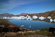 Photographie en couleurs d'un fjord aux eaux parsemées d'icebergs et bordé de côtes échancrées.