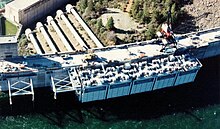 The TCD (Temperature Control Device) on the back of the dam, installed in the early 1990s