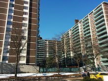 Modernist apartment towers of St. James Town, based on Le Corbusier's "towers in the park" concept. St- Jamestown high rises 2014-03-30 00-06.jpg