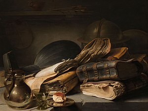 Asetelma, kirjoja, n. 1630, 91 × 120 cm, Rijksmuseum, Amsterdam.