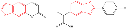 The structure of psoralen (left) and the structure of benoxaprofen (right); the benzofuran ring and the benoxazole ring are indicated in red. Structures benoxaprofen and psoralen.png