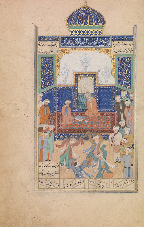 Sufis performing Sama before Shaykh Nizam al-Din Awliya. Miniature from the Timurid copy of the Khamsa of Amir Khusrau. Herat, 1485.