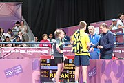 Deutsch: Beachhandball bei den Olympischen Jugendspielen 2018; Tag 4, 9. Oktober 2018; Mixed, Spiel um Bronze, Mixed-Doppel – Sabina Šurjan (SRB) & Truls Möregårdh (SWE) gegen Su Pei-ling & Lin Yun-ju (TPE) 2:3 English: Table tennis at the 2018 Summer Youth Olympics at 9 October 2018 – Mixed Bronze Medal Match, Mixed-Double – Sabina Šurjan (SRB) & Truls Möregårdh (SWE) Vs Su Pei-ling & Lin Yun-ju (TPE) 2:3