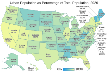 Choropleth map of urban population as percentage of US states and D.C. total population in 2020 Template map of U.S. states and District of Columbia.svg