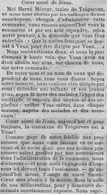 Proclamation d'Hervé Mérour, maire, consacrant la commune de Trégarvan au Sacré-Cœur de Jésus (journal L'Univers du 9 février 1900).