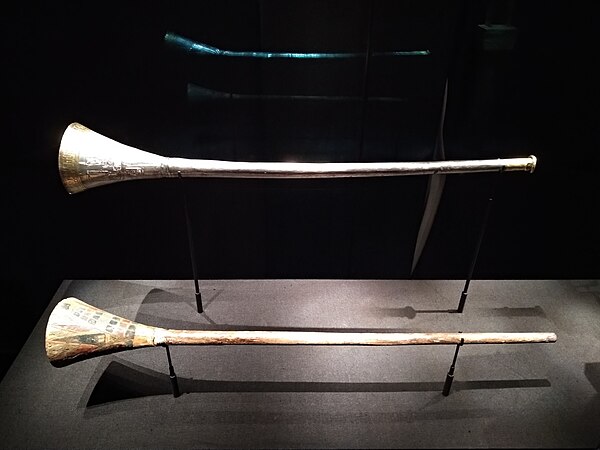 Silver and gold plated trumpet and its wooden mute from the tomb of Tutankhamun (1326–1336 BC)