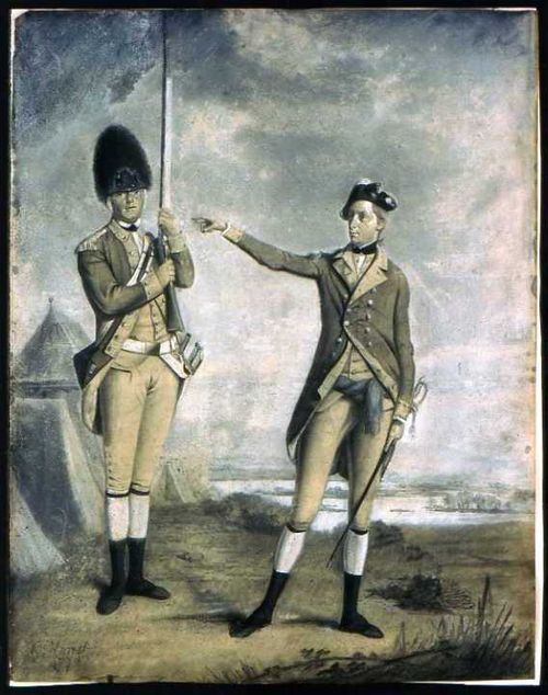 Painting depicting a soldier from the grenadier company and an officer of the same regiment. Given the date when the painting was created, 1772 or 177