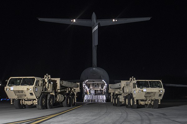 Two THAAD launchers shortly after being flown into South Korea in March 2017