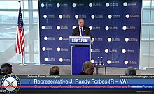 Forbes speaks at the U.S. Naval Institute in 2014 U.S. Representative & Chairman, House Armed Services Subcommittee on Seapower and Projection Forces Randy Forbes ( Republican - Virginia) speaks at the US Naval Institute in 2014.jpg