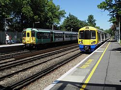 Southern and London Overground trains at Sydenham Units 378142 and 455821 at Sydenham.JPG