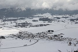 Vassieux-en-Vercors under the snow, seen from the slopes of the Lachaux pass, near the Mémorial de la Résistance