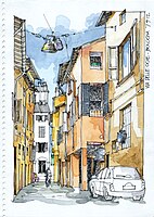 Sketch of Via delle Oche street, Bologna, Italy.