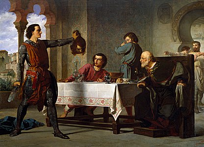 لوحة "بطولة السيّد الأولى" لخوان فنسينس كوتس (1864م)، التي تُصوّر رودريغو دياث الشاب، وهو يُري أباه دييغو لينيث رأس كونت لوزانو، الذي سخر من دييغو لينيث وصفعه