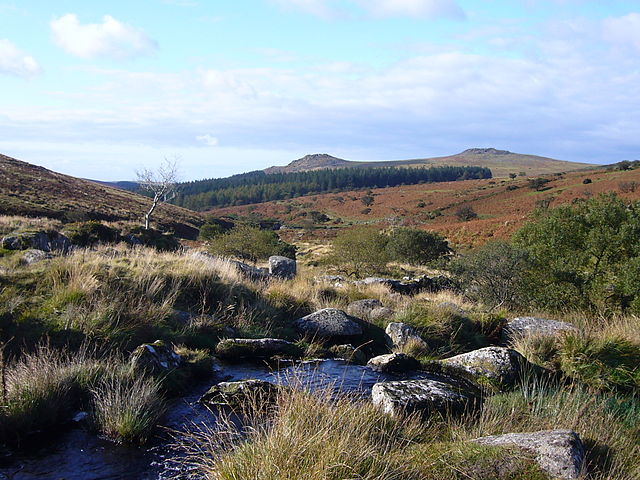 View down the River Meavy towards Leather Tor and Sharpitor